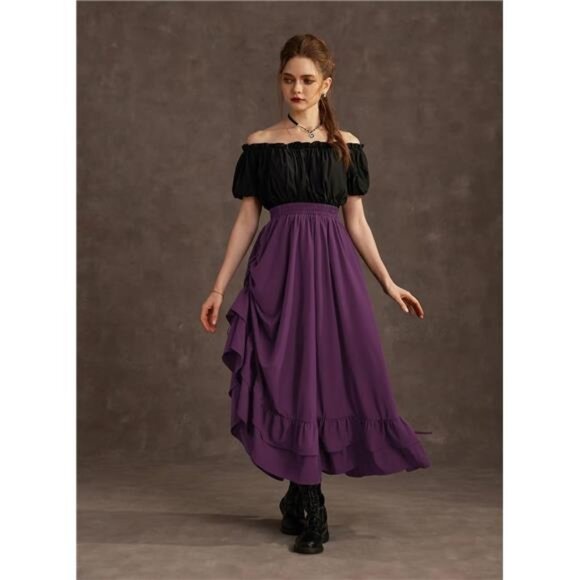 Women Renaissance Skirt Ruffle Layered Maxi Purple - Picture 4 of 6
